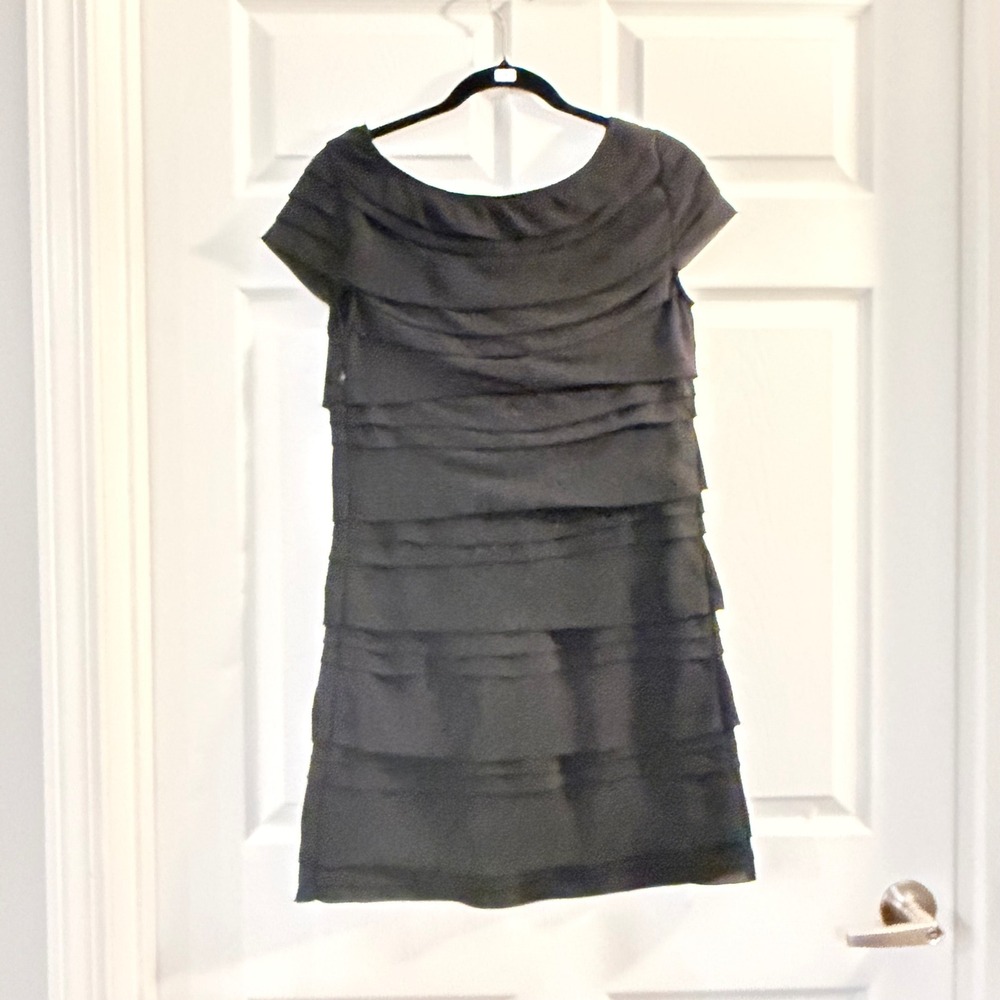 Shulami Tiered Ruffle Mini Dress Black Large LBD Cocktail Party Slim Minimalist